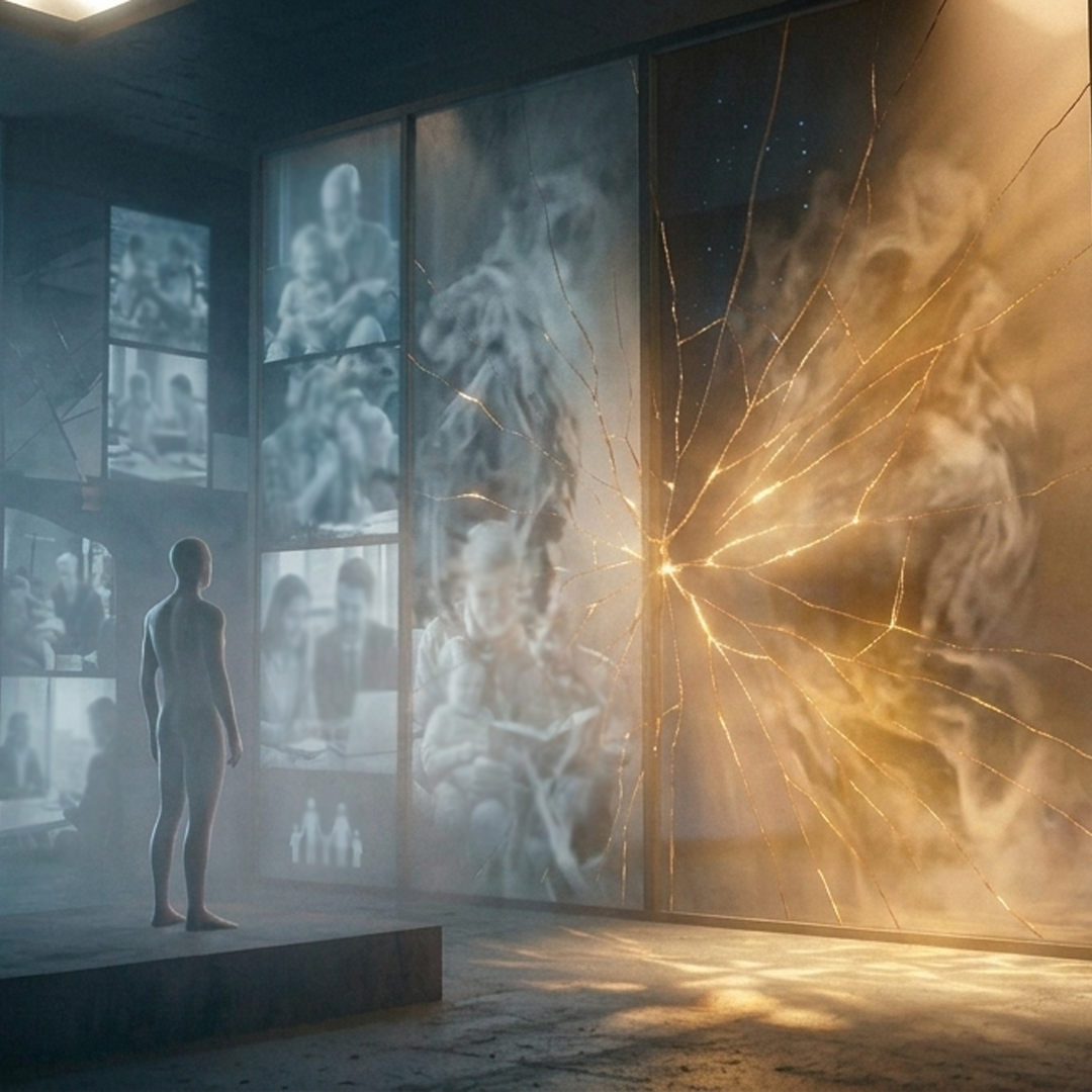 A figure standing before a wall of faded family photographs, where a crack of golden light breaks through toward an open doorway.